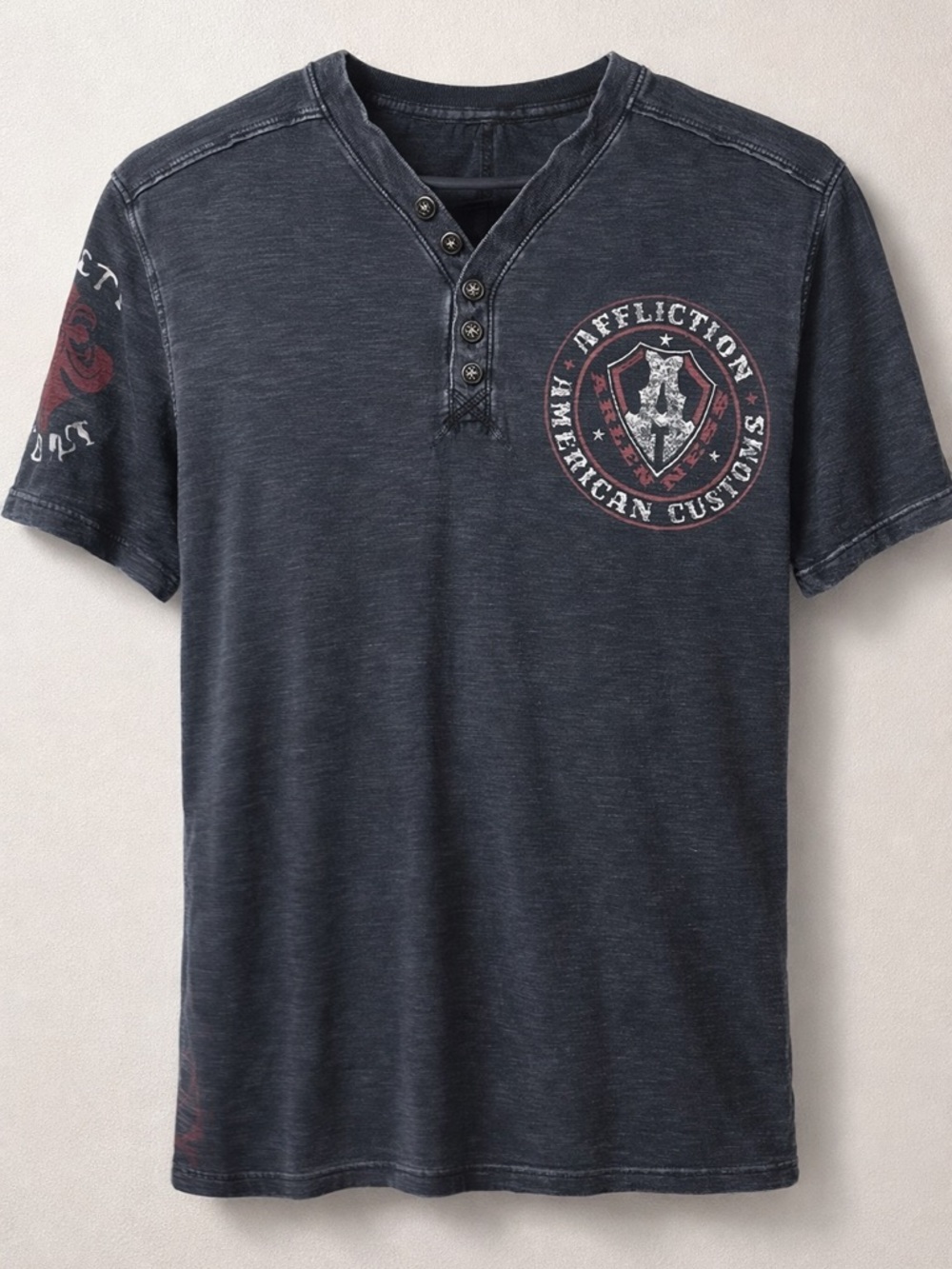 Affliction Mens Graphic Henley Shirt Large Black Distressed Double Sided